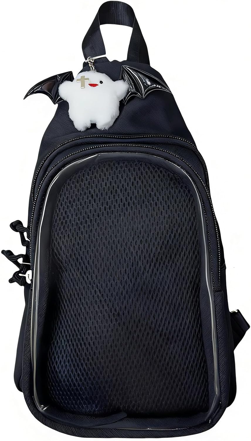 TTCAYU Ita Bag Backpack Small Pin Display Purse Chest Pack Single Sling Crossbody Itabags Hiking Daypack with Insert & Kawaii Plush (Black-ita sling)