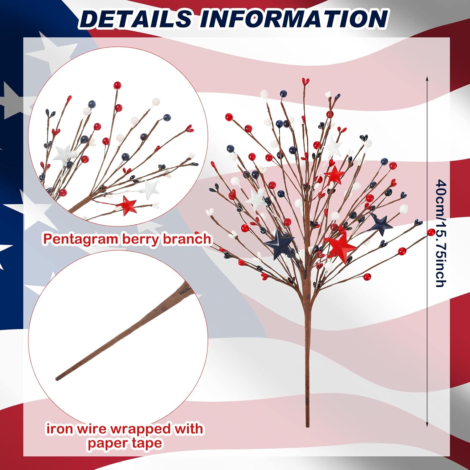 Yingzhao 12 Pcs 4th of July Decorations Patriotic Berry Stem Pick Memorial Day Artificial Red White Blue Pick 250th Anniversary Berry Stem Fruit Floral Bunch for Home Office Independence Day Decor