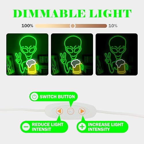 Miniatura 4 de Letrero de neón alienígena verde, luz de neón de cerveza, luces LED regulables para decoración de pared, luces iluminadas para dormitorio, cueva de