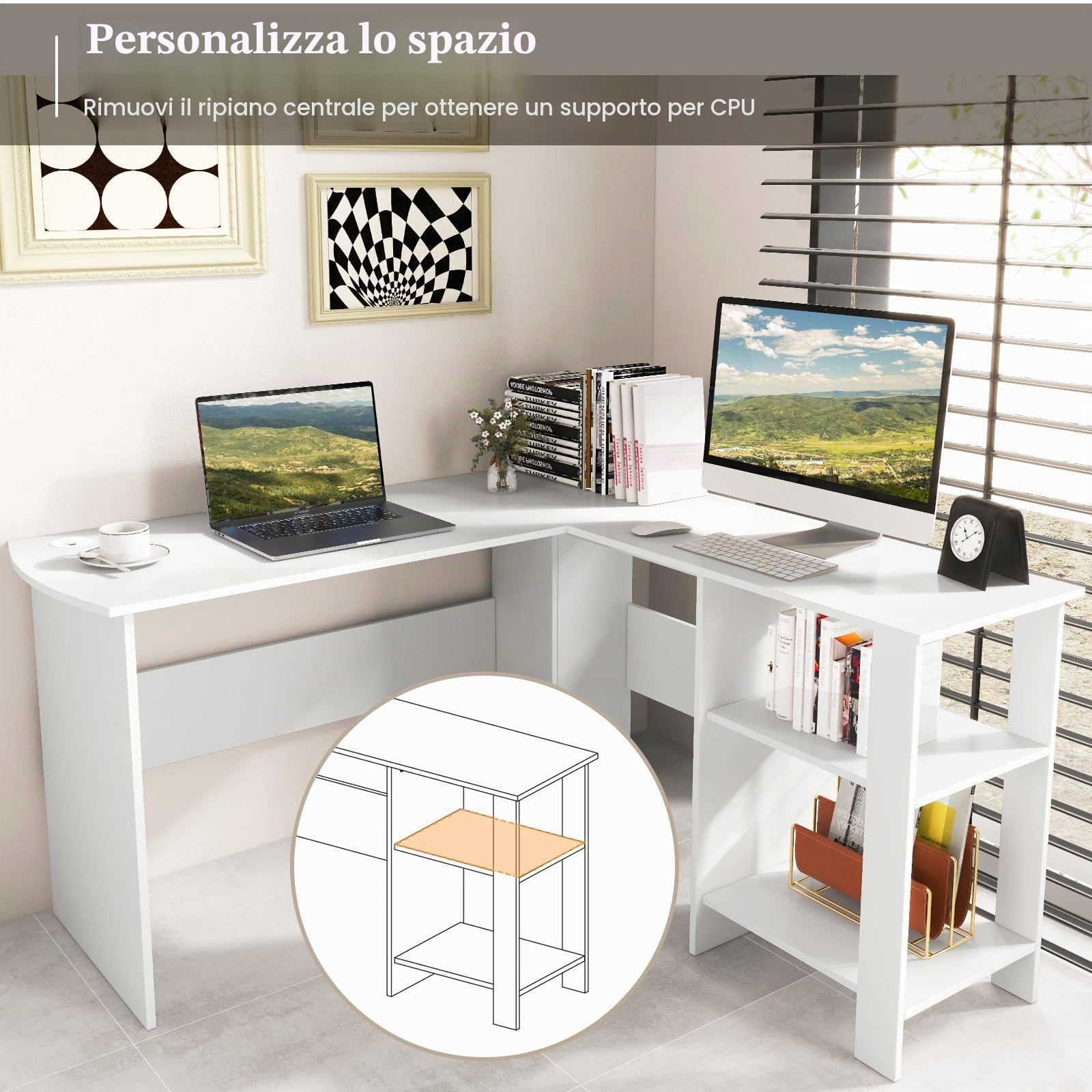 LIFEZEAL Scrivania Angolare a L, Grande Scrivania da Ufficio ad Angolo per 2 Persone, Postazione di Lavoro Porta Computer, Salvaspazio, Ripiano Rimovibile, per Casa, Ufficio, Studio (bianco)