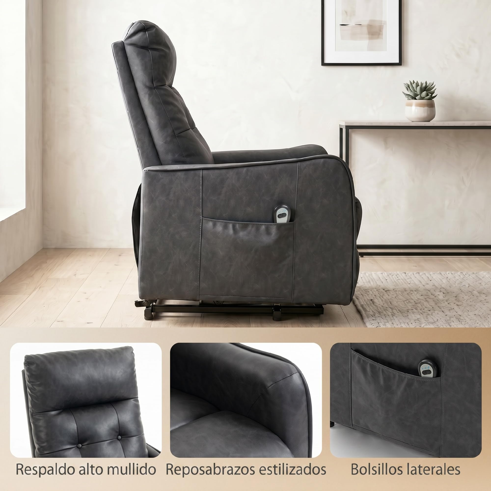 HOMCOM Sillón Relax Reclinable Eléctrico Levanta Personas Gris | Sillón Elevador, Tapizado en Cuero PU, Control Remoto, Asiento de Muelles, Reposapiés, Respaldo Alto, Bolsillos Laterales