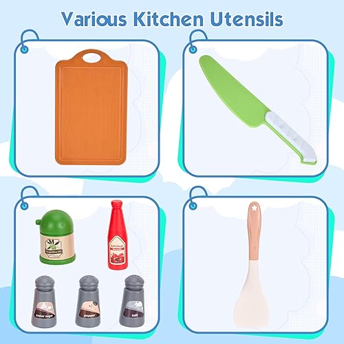 Miniatura 7 de Bruvoalon Juego de 67 piezas de juguetes de cocina para niños, accesorios de cocina con ollas, sartenes, utensilios de cocina, alimentos, verduras