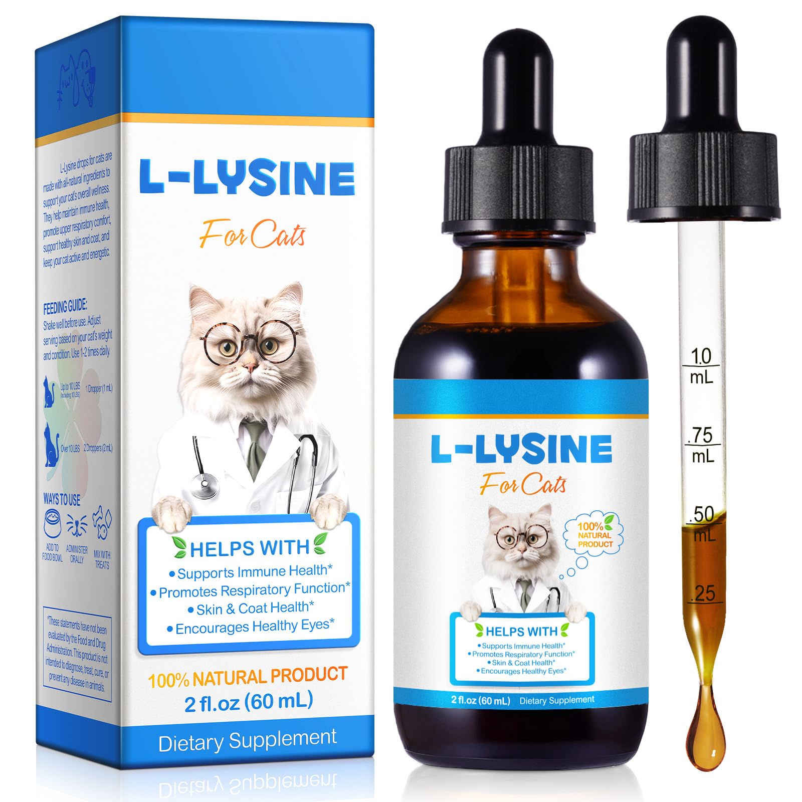 L-Lysine for Cats - Natural Immune Support & Respiratory Health Liquid Supplement with Vitamins & Echinacea - Chicken Flavour, Helps with Eye Care, Sneezing & Watery Eyes, 60ml Cat Drops