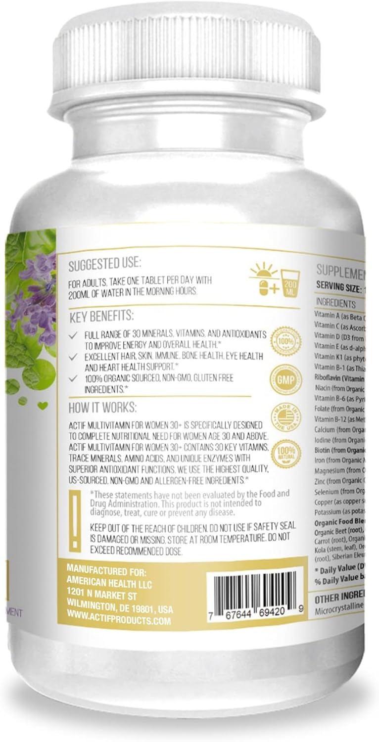 ACTIF Multivitamin for Women Age 30+ with 30 Organic Vitamins and Organic Herbs, Non-GMO, Made in USA, 2-Month Supply