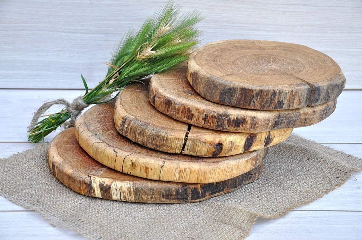 SET 5 Oak Wood Slices 8-11'' Treated With Oil Wax Wedding Table Rustic Centerpieces Wooden Baby Shower Decorations Ecologically Friendly Serving Platter For Tapas Bar