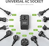 Vista 4 de Acer Adaptador de enchufe de viaje universal GaN de 45 W, adaptador de corriente internacional con 3 USB C y 1 USB A, toma de corriente en todo