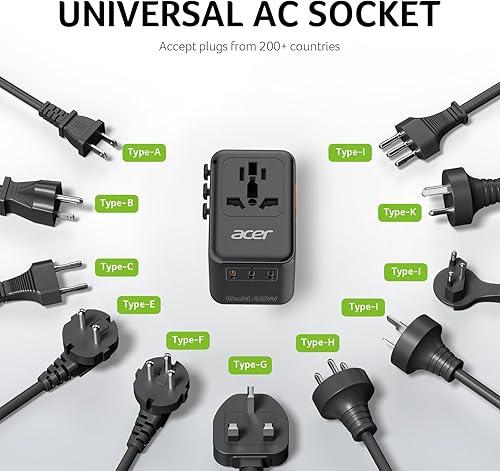 Miniatura 4 de Acer Adaptador de enchufe de viaje universal GaN de 45 W, adaptador de corriente internacional con 3 USB C y 1 USB A, toma de corriente en todo el