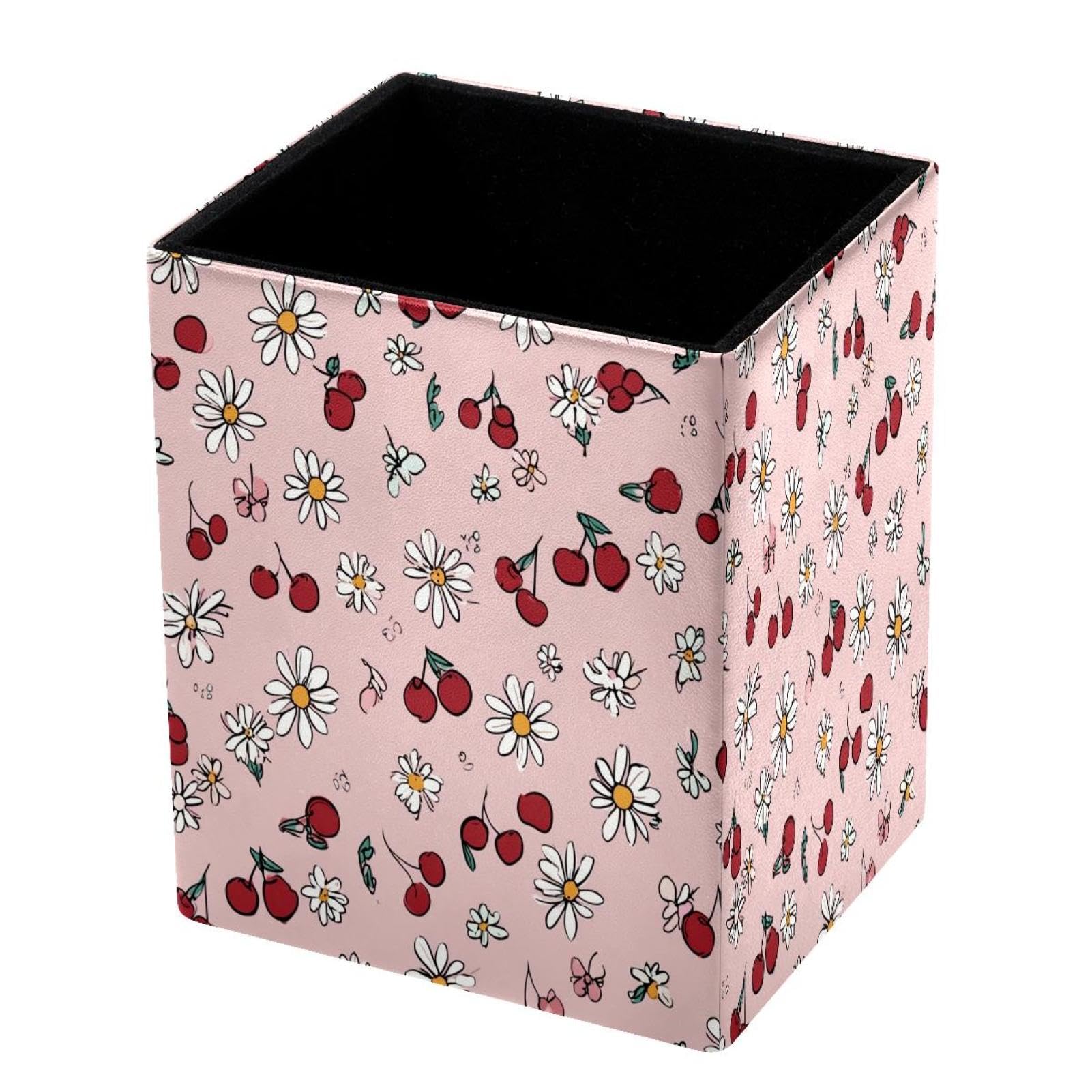 DragonBtu Desktop Pencil Holder, Daisies and Cherries Rectangular Pencil Cup, Pencil Storage Bag Office Desk Supplies Case for School, Kids