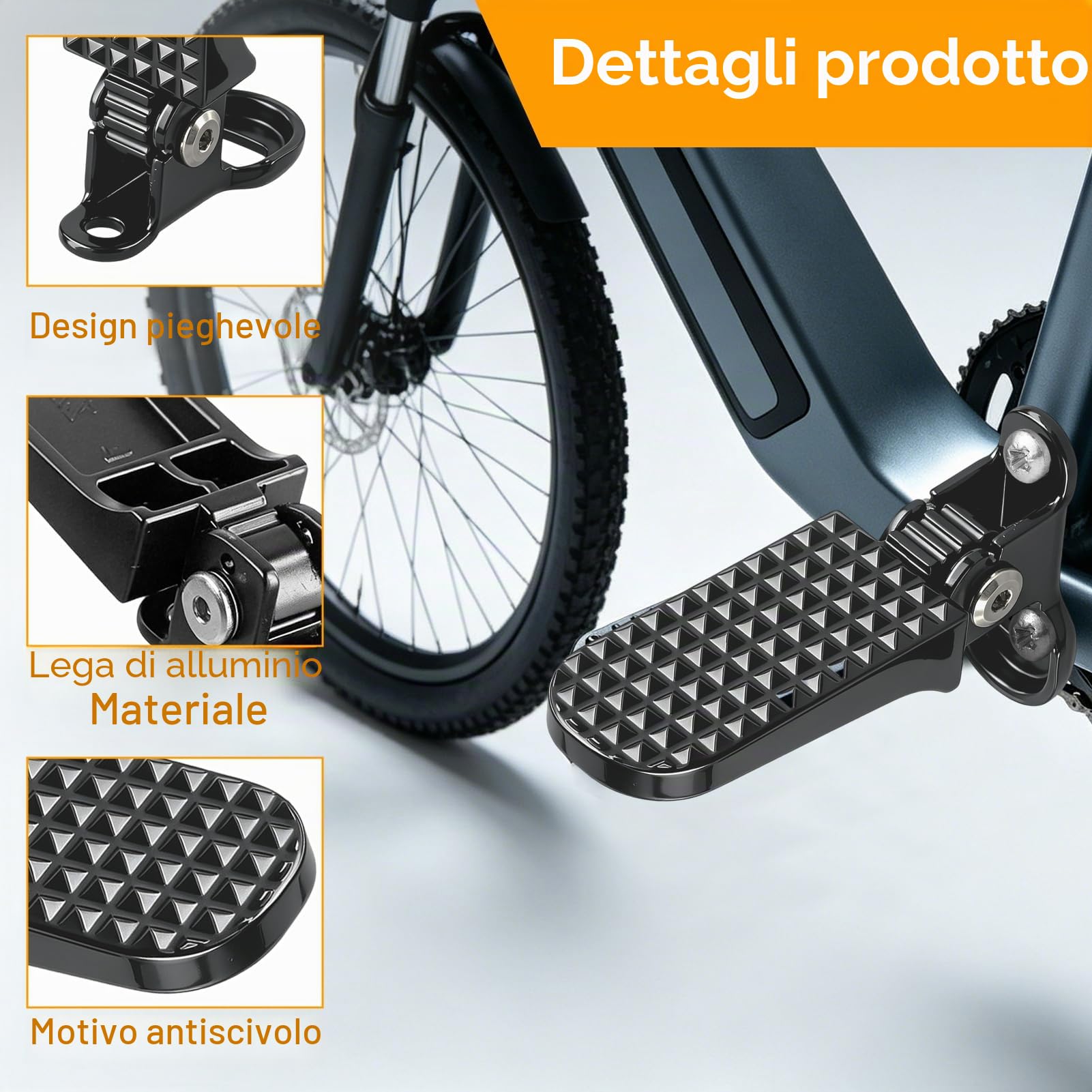 Poggiapiedi posteriore per bici elettrica, Coppia di pedane per bicicletta facile da riporre, antiscivolo pedale pieghevole leggero compatibili con bici pieghevoli, mountain bike