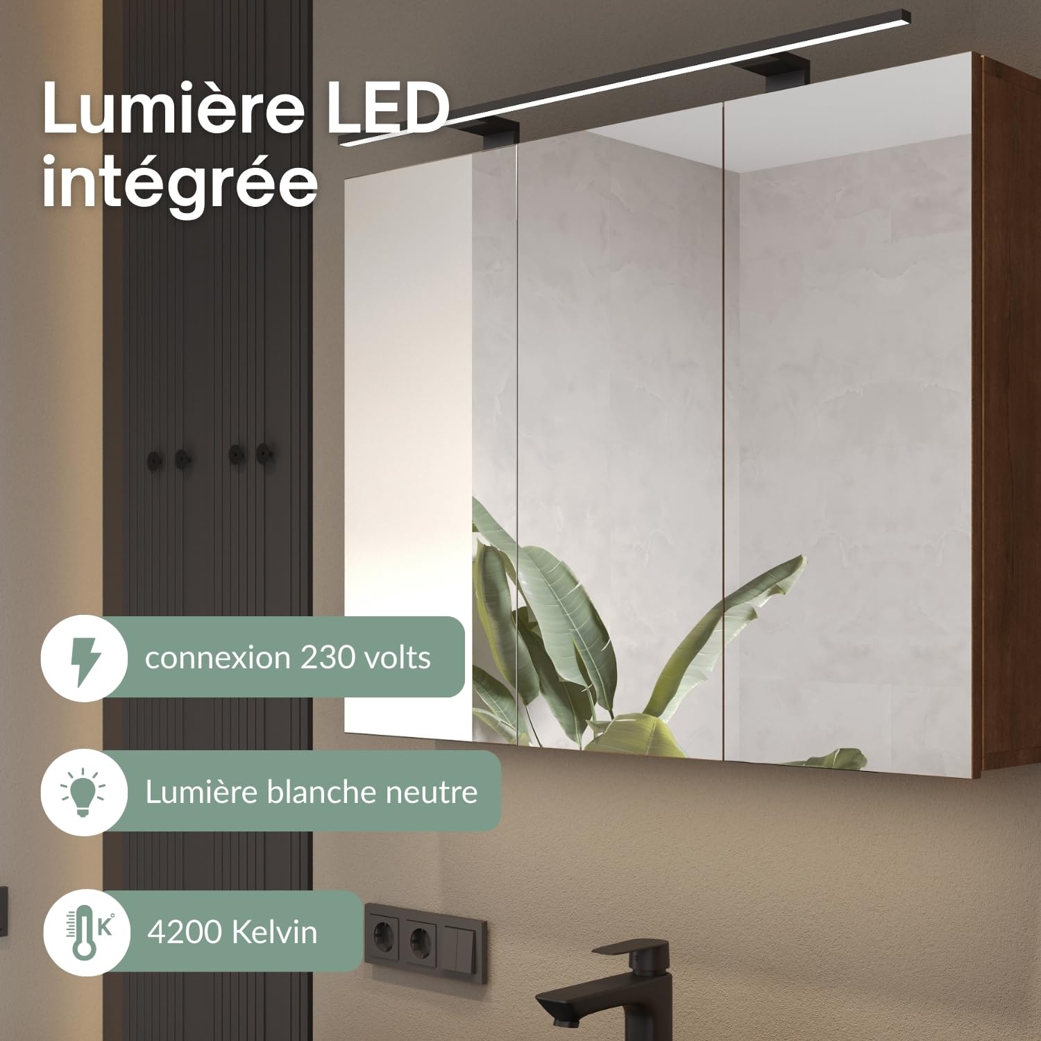 Planetmöbel Aria Armoire de Toilette avec éclairage, 120 x 70 x 16 cm, Armoire de Salle de Bain Suspendue avec Miroir, Chêne doré, avec Lampe et Prise électrique, pour WC invités