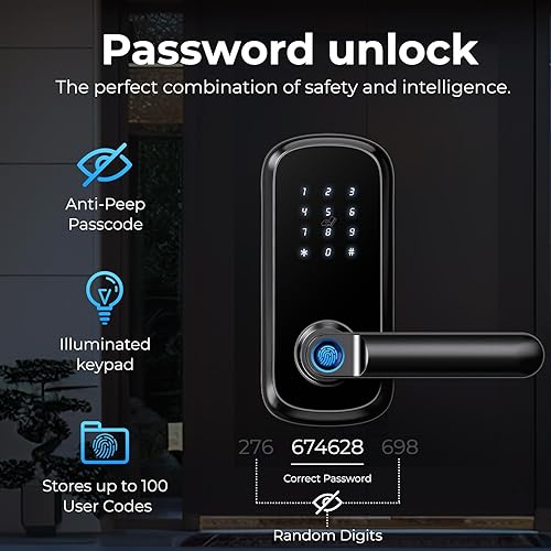 Miniatura 3 de Cerradura inteligente para puerta delantera, entrada sin llave con huella digital, código y acceso digital, acabado negro mate, fusión perfecta de