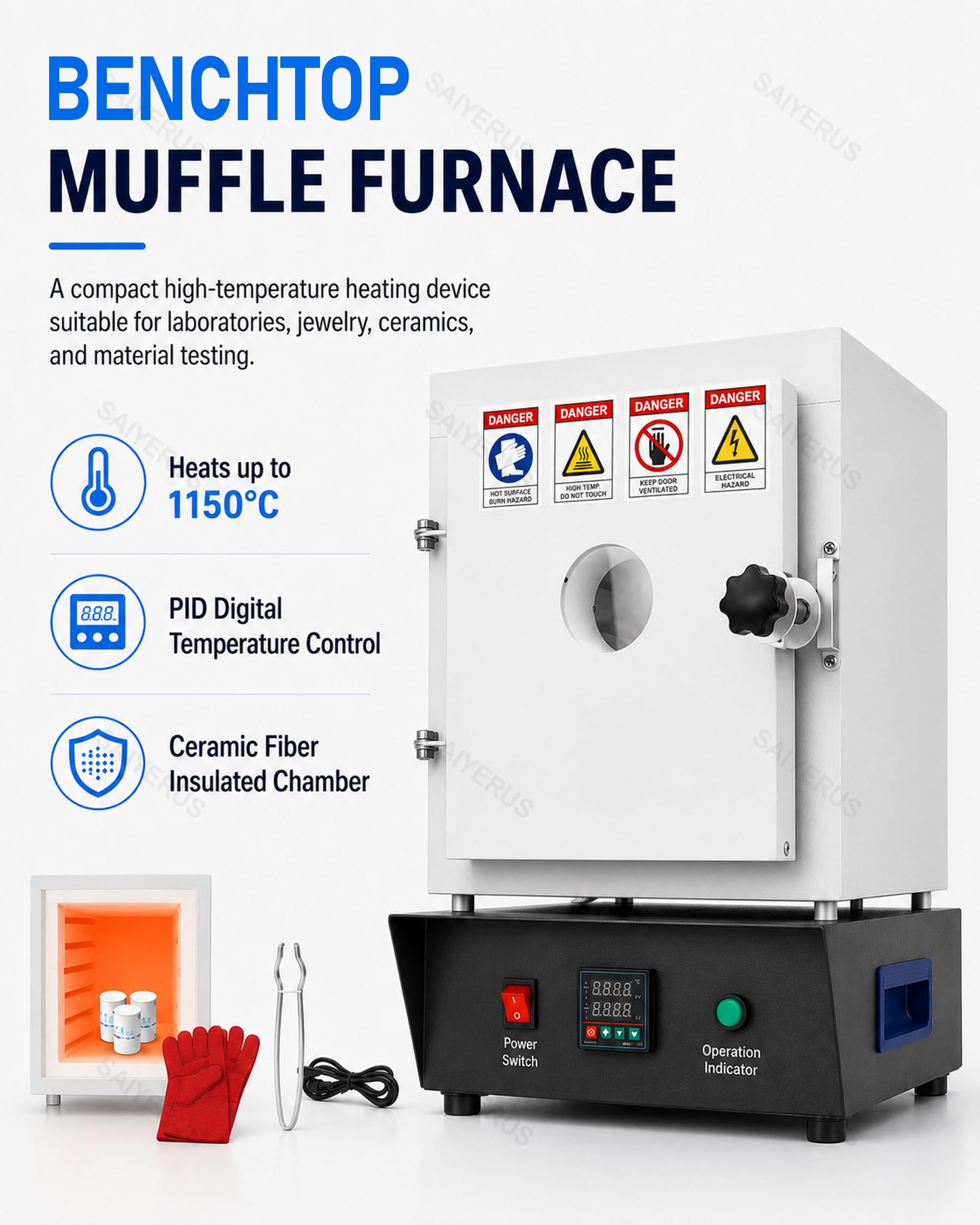 Piec Muflowy 1500 W do Obróbki Cieplnej & Wypalania form Jubilerskich | Maks. 1150°C, Komora 15×15×20cm, Piec Elektryczny 220V do Biżuterii, Emaliowania, Glinki Metalowej, Traconego Wosku, Ceramiki