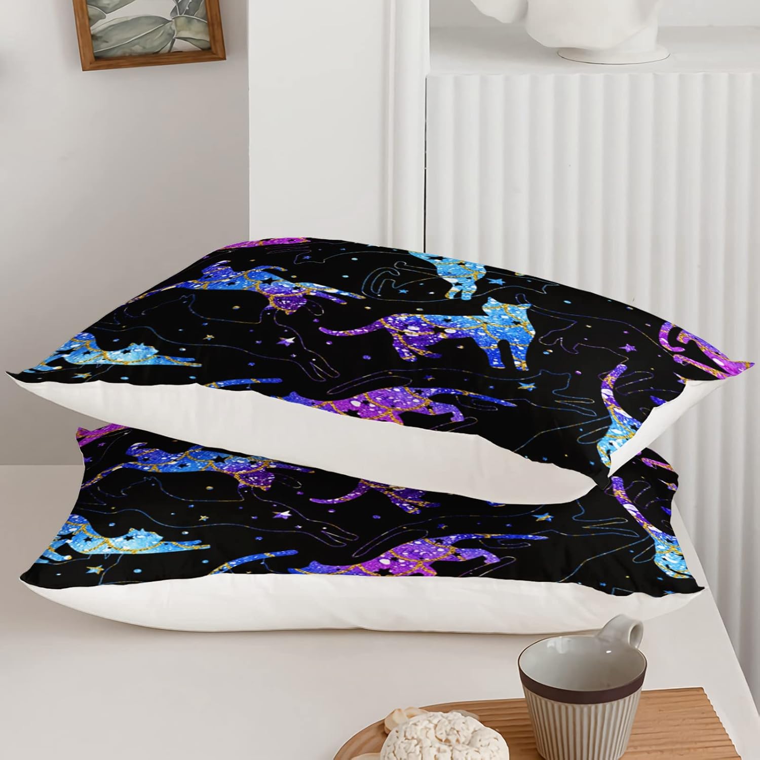 Axolotl Cartoon Cat Comforter Set Twin,Cartoon Print Bedding Set,Galaxy Star Mermaid Scales Theme Bedding,3 Piece Quilt with Blue Purple Gold Cat Print for Girls Room,1 Quilt 2 Pillowcases,Black