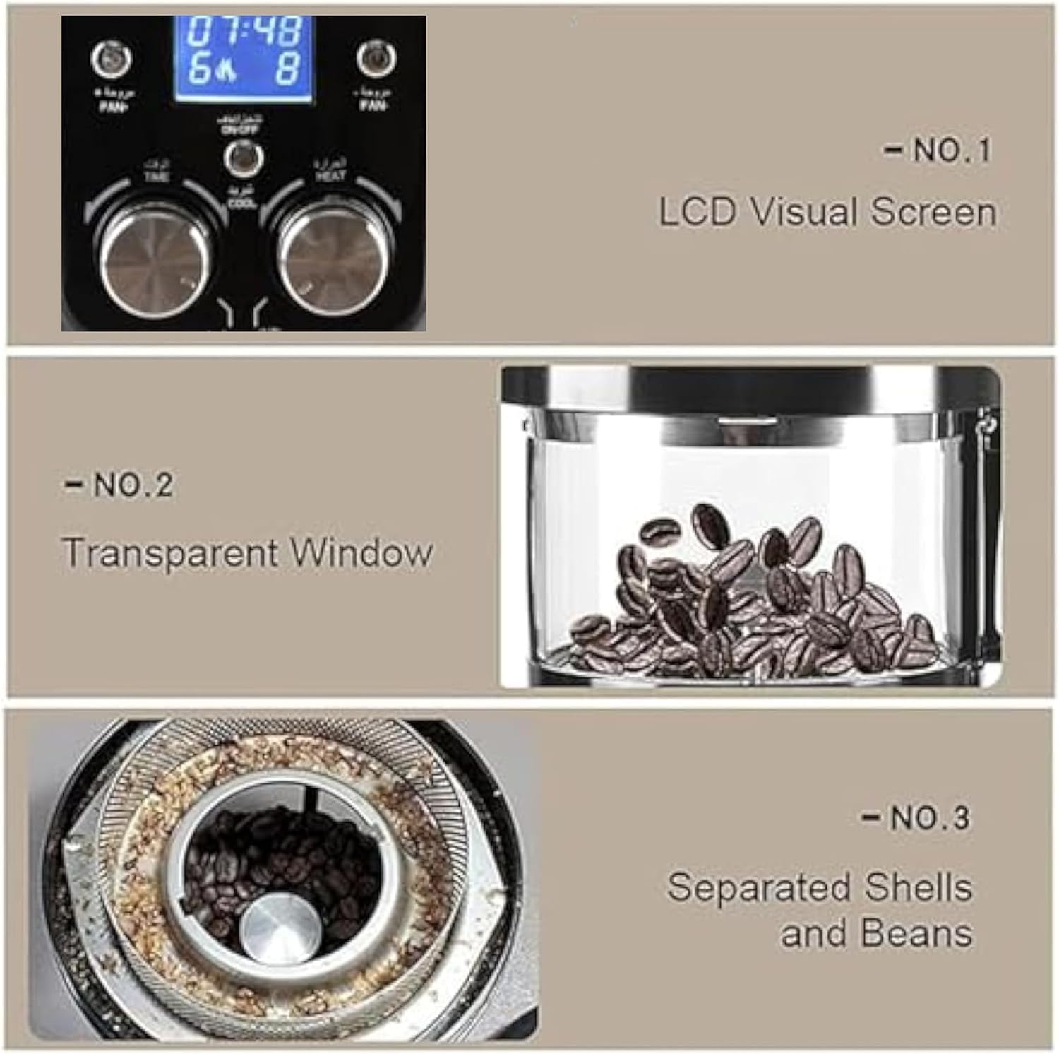 2-in-1 Automatic Coffee Machine - Three Control Functions of Fire And Wind And Timing,Adjustable Hot Air Burner with Visual Led Panel, Suitable Sesame, Soybeans, Peanuts, Tea, Nuts
