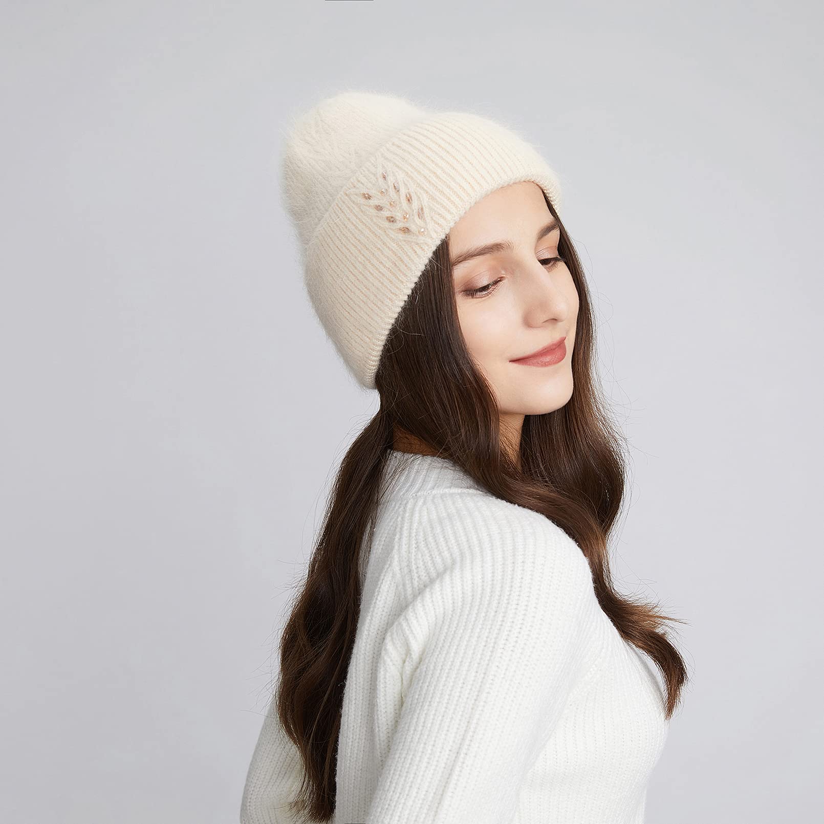 BeFur Bonnet d'hiver à pompon en cachemire pour femme - Bonnet tricoté chaud avec strass et épis de blé
