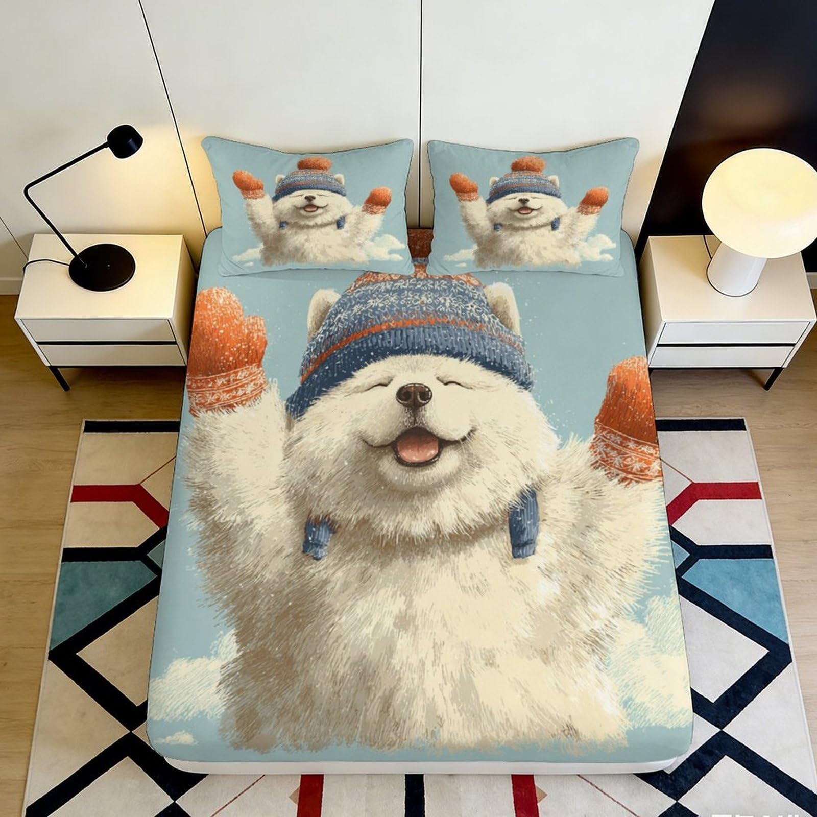 3D Printed Cute Samoyed Dog Fitted Sheet Microfiber Soft Breathable Winter Hat Mattress Cover for Bedroom Guest Room Decor 160x200x25cm