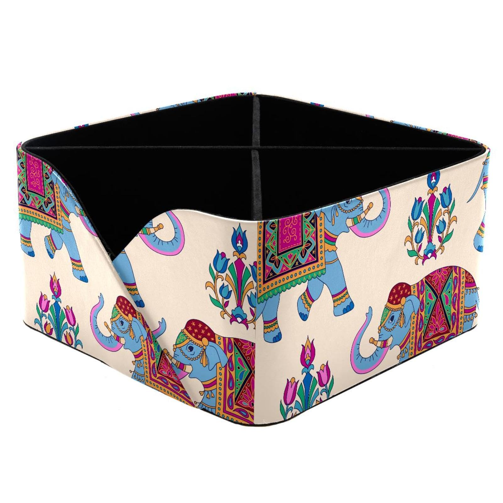 KengjuTesu Indian Tribe Blue Elefpants Floral Pattern Desktop Organizer Pen Holder, Rectangular Pencil Cup for Office, Study and Makeup Stations