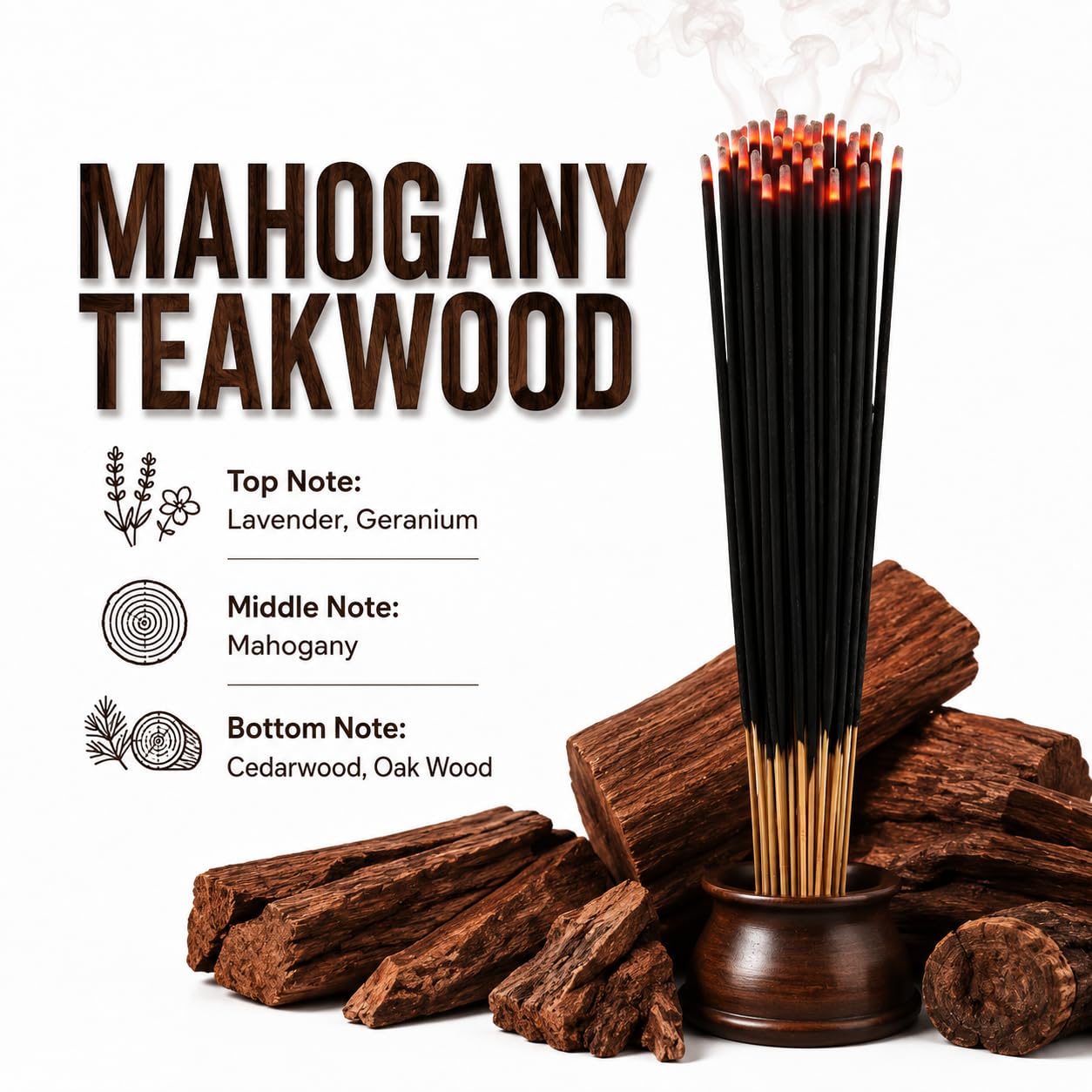 Varillas de incienso de madera de teca de caoba de 11 pulgadas, 1 paquete de 85 a 100 varillas, suave y limpio, largo tiempo de combustión, de 45 a 60 minutos.