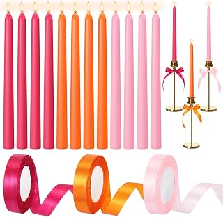 12 Pcs Pink and Orange Party Taper Candles with 3 Roll Ribbon 10 Inch Candle, Candlestick Decor for Baby Shower, Home, Thanksgiving, Wedding, Fall, Valentine's Day Dinner Party Decor