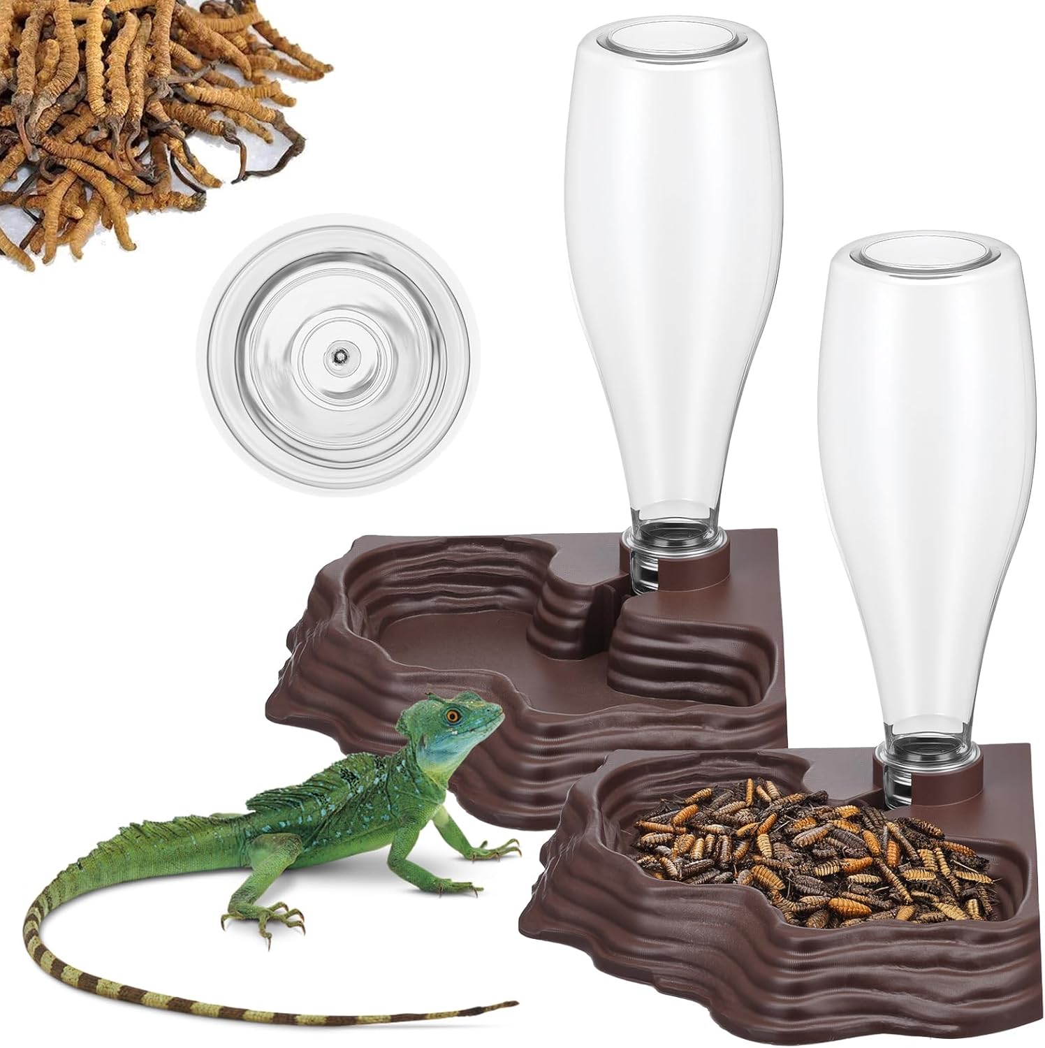 2-Pack Automatic Reptile Water Dispenser 13.5oz - Bearded Dragon Gecko Lizard Turtle Feeder for Terrariums (Brown)