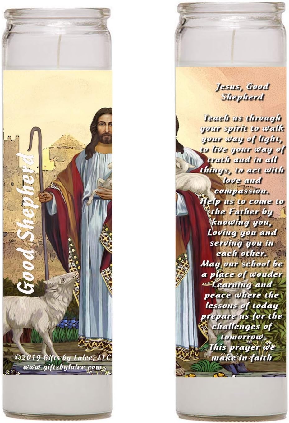 Our Lord Jesus The Good Shepherd Set of Two 2 Four 4 Glass Candles with Prayer (Four)