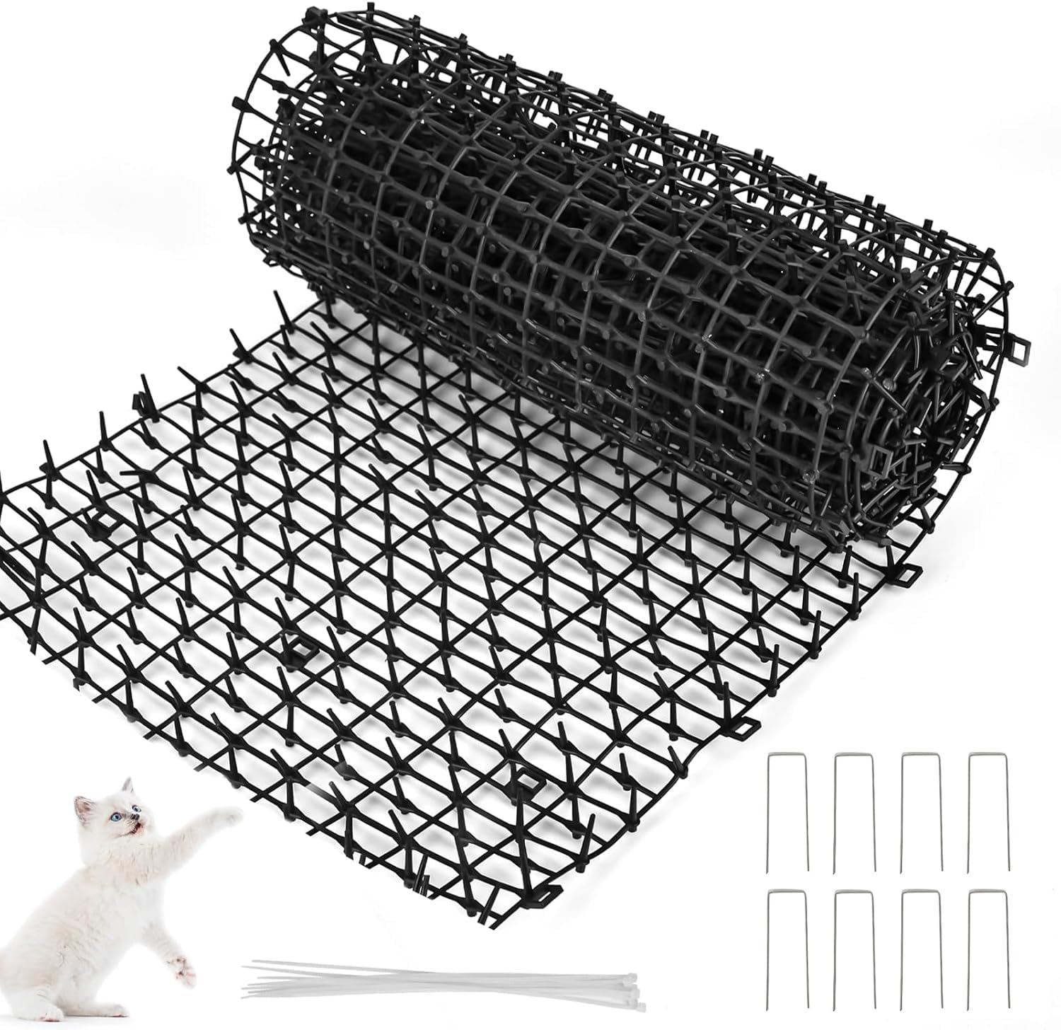 Bhina Roll 1 Anti-Cat Nets, 2m Black Anti-Cat Mat, Cat Repellent with 8 U-Spikes and 20 Ties for Outdoor, Garden, Balcony (2 m)