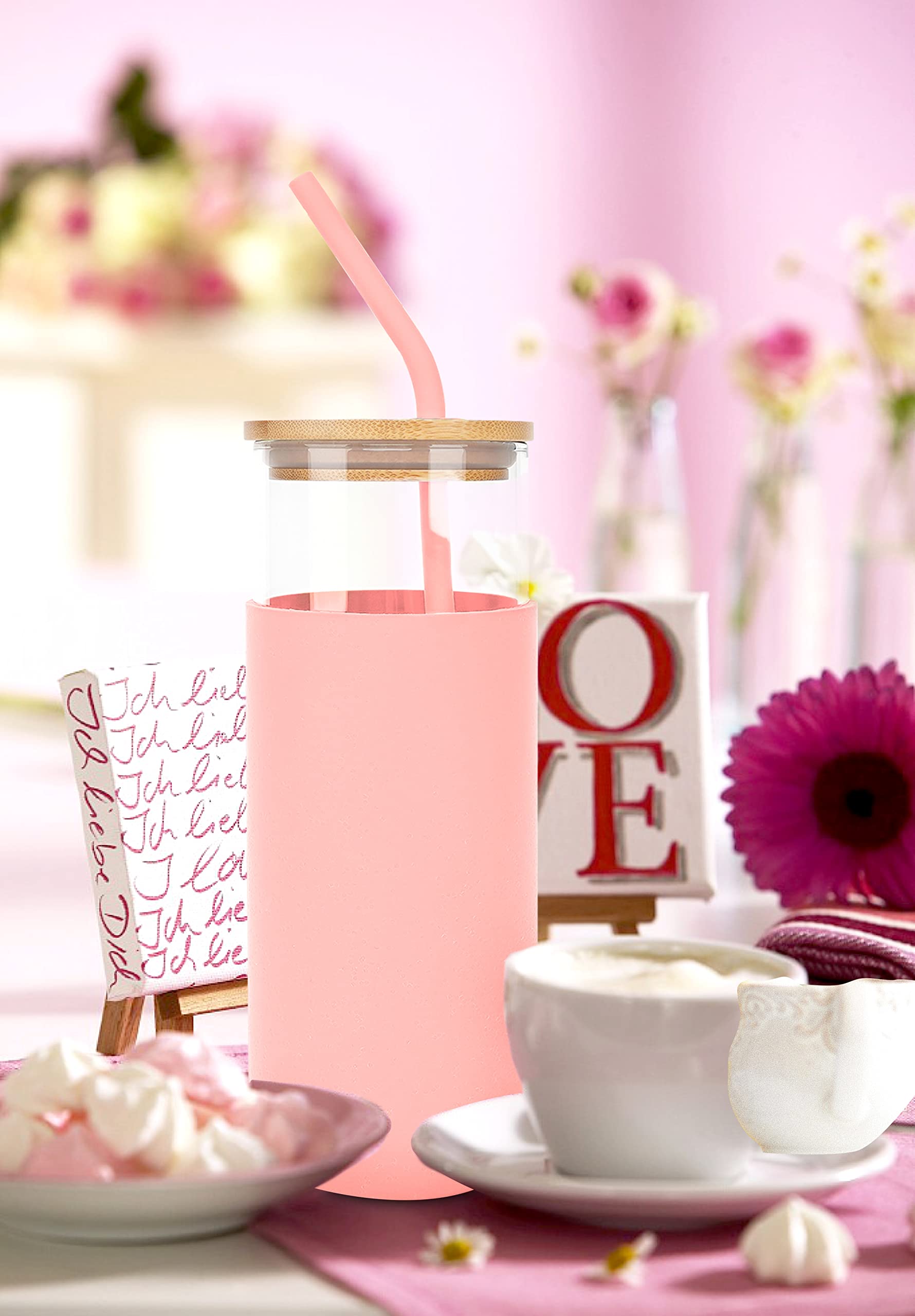 24oz Cute Glass Tumbler With Lid, Straw & Tea Infuser - BPA-Free, Silicone Straw, Gift For Women (Reddish Pink)