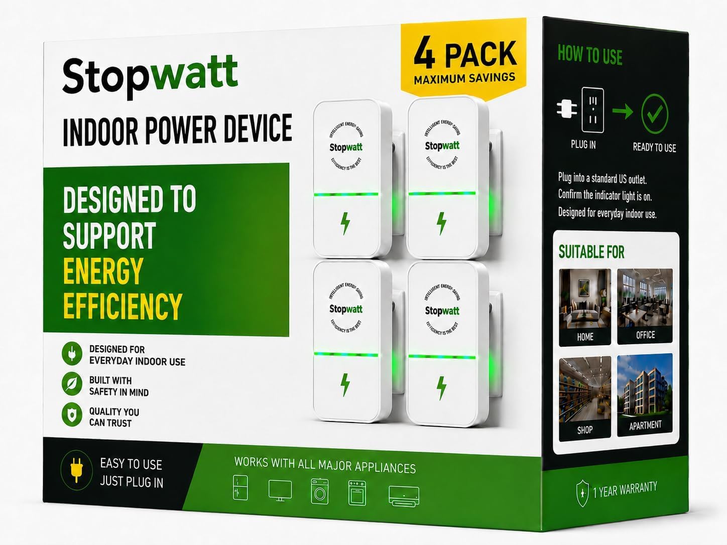 Stopwatt 4 Pack Smart Plug Device, Stop watt Power Plug Pro for Household, Office, Shop & Supermarket, US Plug Voltage Stabilizer 90V-250V1