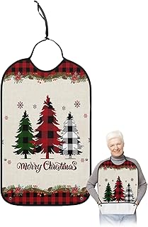 BOBOWUNY Christmas Tree Adult Bibs for Elder Women Men Eating, Snowflake Xmas Tree Red Black Plaid Waterproof & Washable Bibs for Eating Clothing Protector Dining Bibs for Crumb Catcher