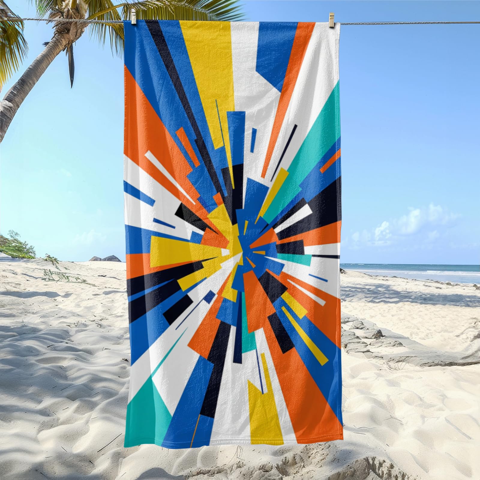 Fouta PlageModèle Abstrait Bleu Orange Jaune Modèle Surdimensionné avec Diverses Tailles, Respirante et Portable, Parfaite pour Voyages Sorties Piscine et Usage Extérieur Quotidien 90x160 cm
