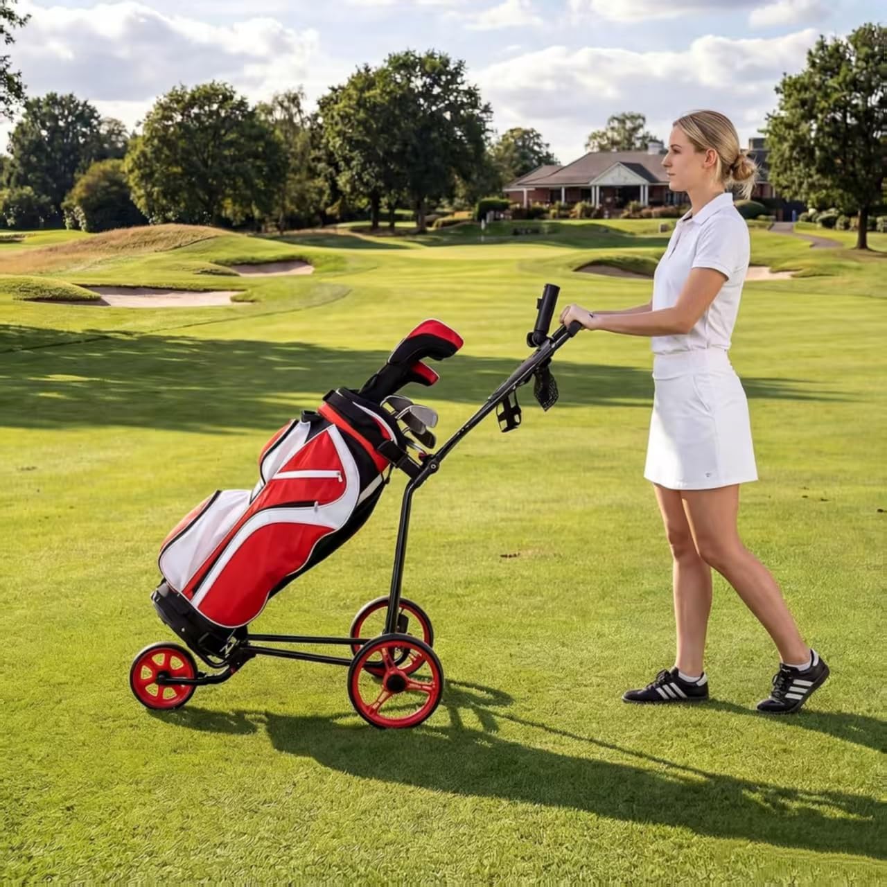 Faltbarer Golf Push Cart, Leichter 3-Rad-Golfwagen mit Fußbremse, höhenverstellbarem Griff, Getränkehalter und Aufbewahrungstasche - Robusto & Kompakt