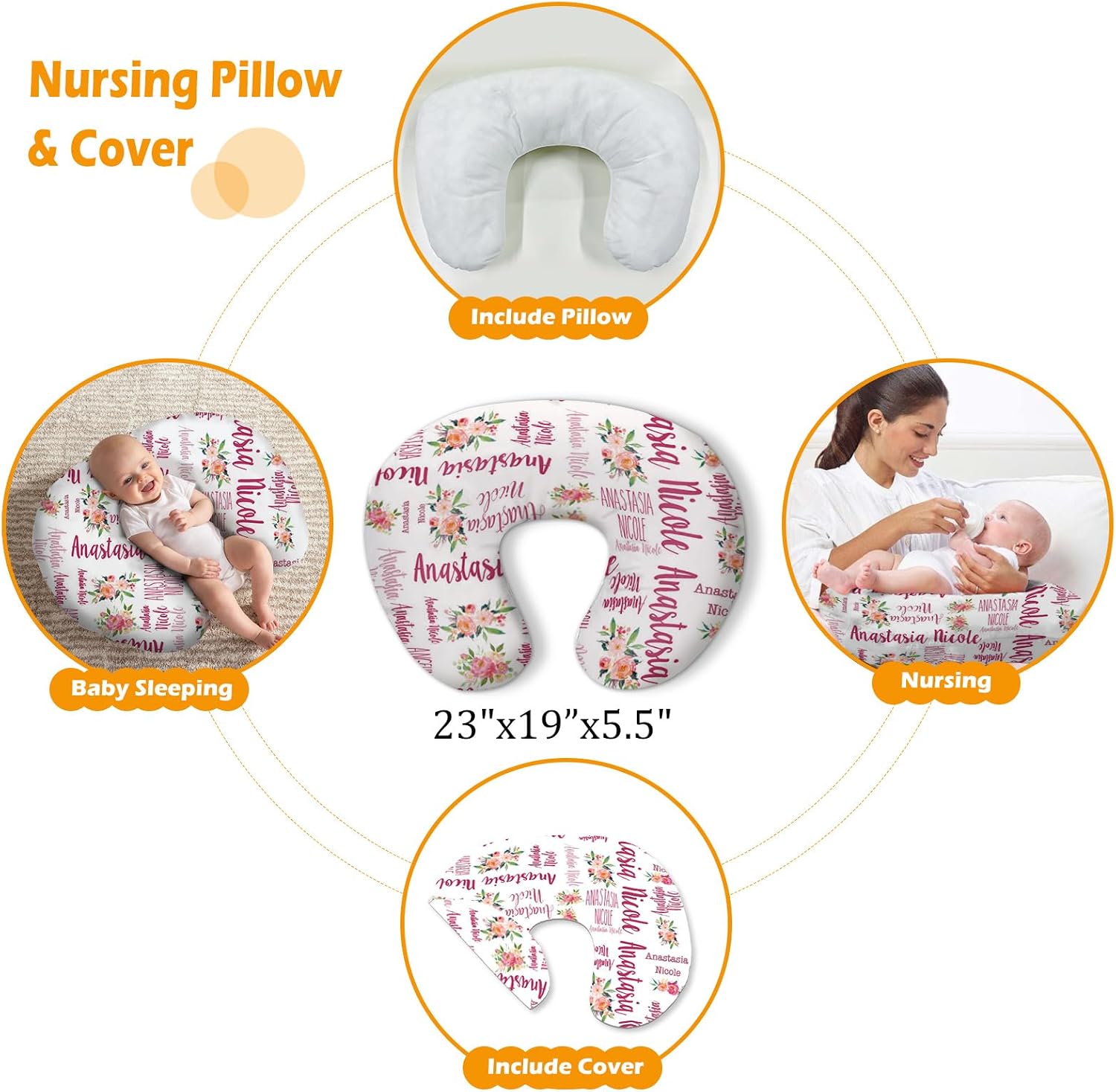 Custom Baby Nursing Swaddling Set: Personalized Custom Name Swaddle Blanket Car Seat Cover Bow Headband Hat Nursing Pillow for Infant Girl Boy Red Pink Flowers Pattern