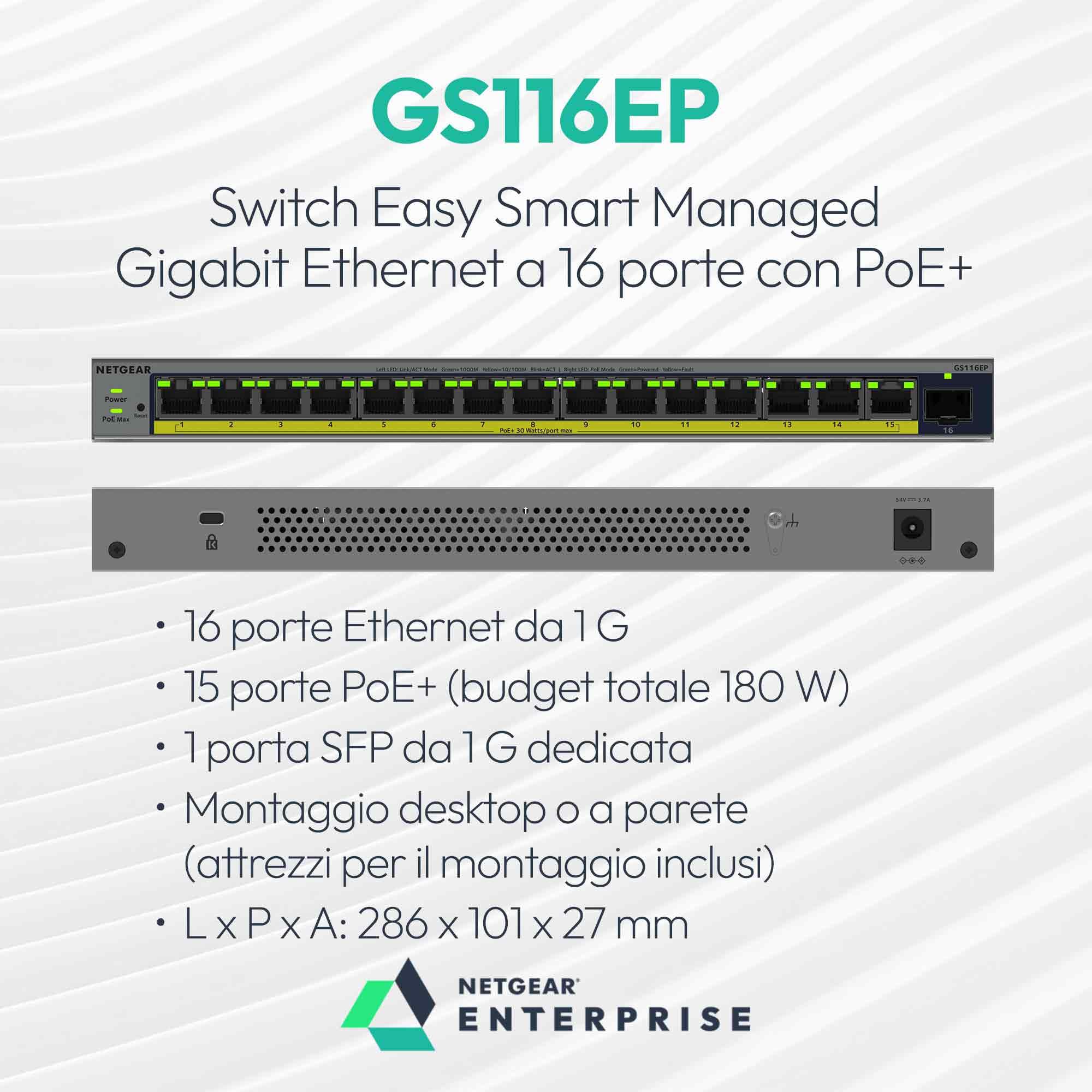 NETGEAR: switch Easy Smart Managed PoE+ Gigabit Ethernet a 16 porte, con 15 porte PoE+ da 180 W, senza ventole, montaggio desktop o a parete (GS116EP)