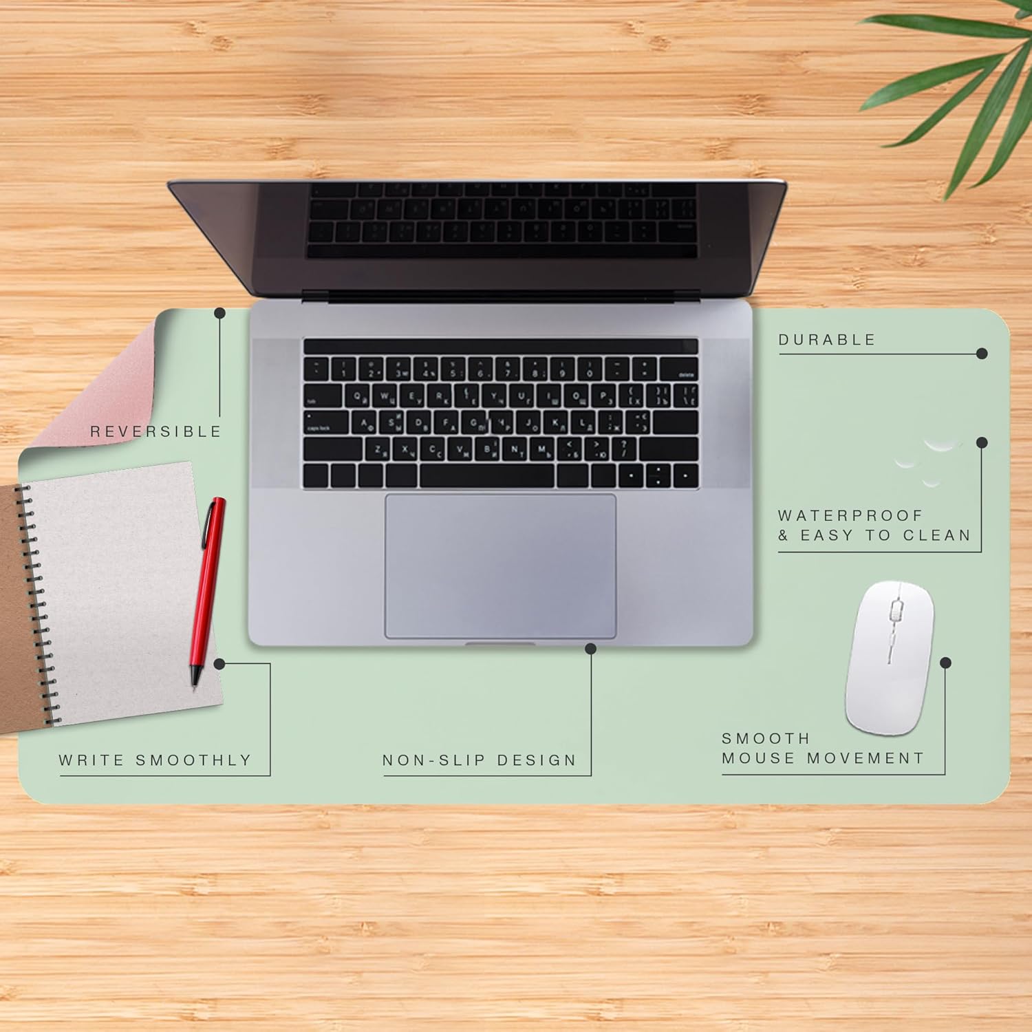 Deflecto Reversible Double Sided Faux Leather Desk Pad Protector,Mouse Pad,Office Desk Mat,Non-Slip,Waterproof Writing Pad (80cm x 40cm, Pink/Green)