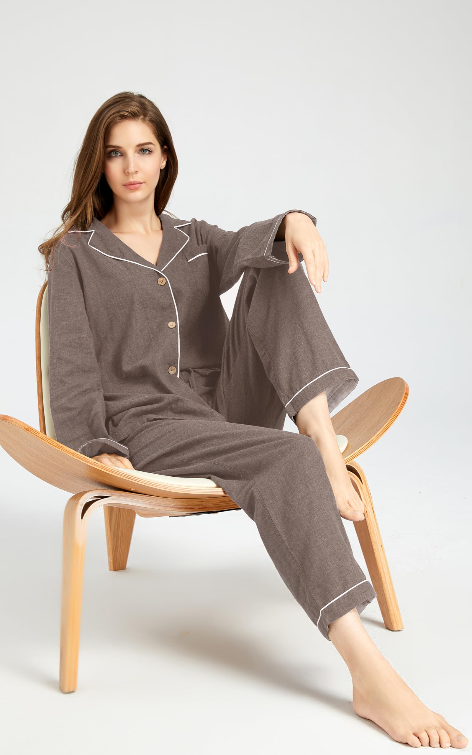 Conjunto de pijama para mujer, 100 % gasa doble, algodón y lino, de muselina, de manga larga, con botones, ropa de dormir suave | Conjunto de pijama transpirable suave y cómodo con botones