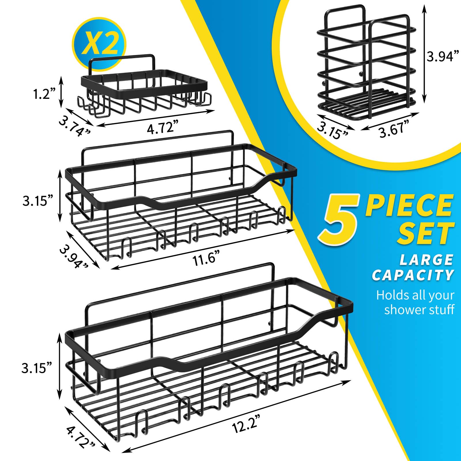 Etagère Douche sans Percage, 5 PCS Etagere Rangement, Accessoire de Salle de Bain en Acier Inoxydable 304, Rangement Douche Noir