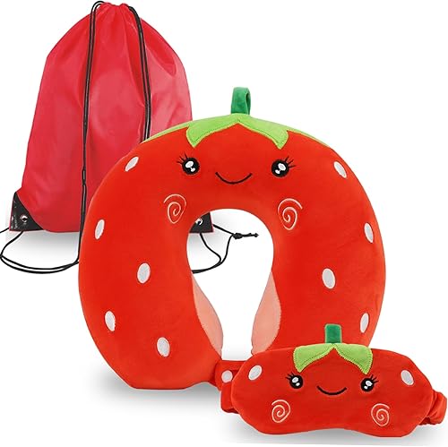 Almohada de cuello para niños para viajes con bolsa de almacenamiento y máscara de ojos para dormir, bonita almohada de cuello de viaje, almohada de