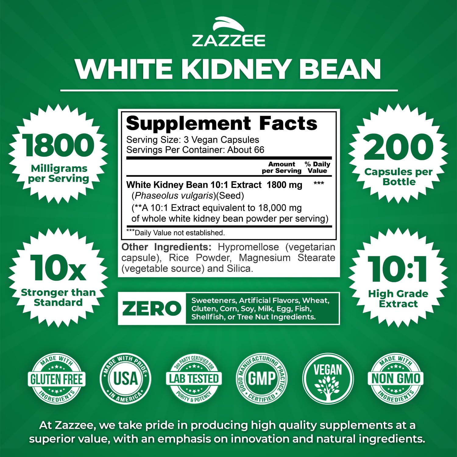 Zazzee White Kidney Bean 10:1 Extract, 1800 mg per Serving, 200 Capsules — Amazon image 2