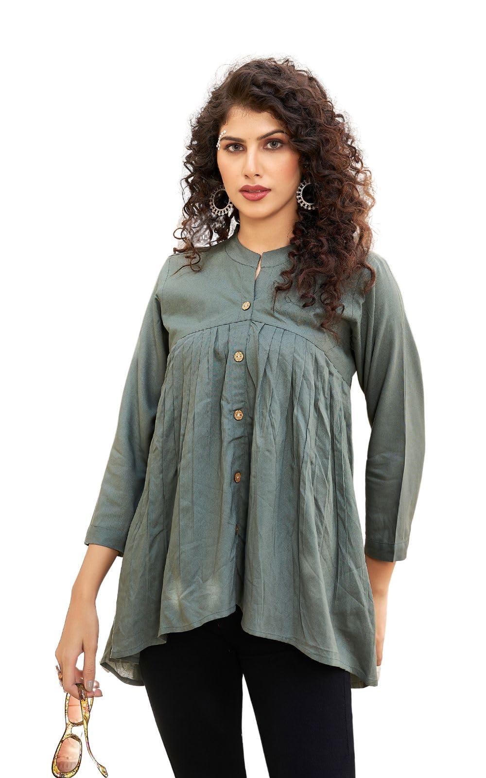 kesudi Women's Heavy Rayon Solid Tunic with Mandarin Collared 3/4 Sleeves Fit Flared Top-picture-32