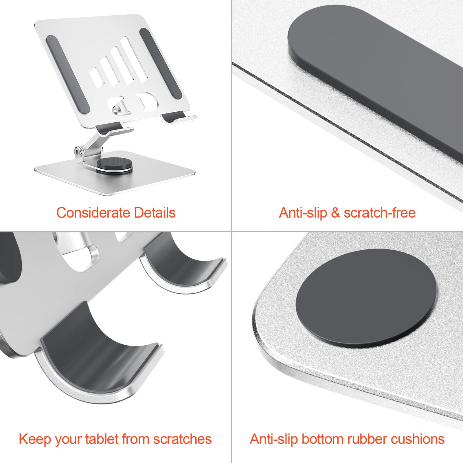 Firschoie Tabletstandaard Aluminium – Opvouwbaar, 360° Draaibaar, Stabiel – Voor 4-12.9 Inch Tablets En Telefoons – Zilver BJB-01