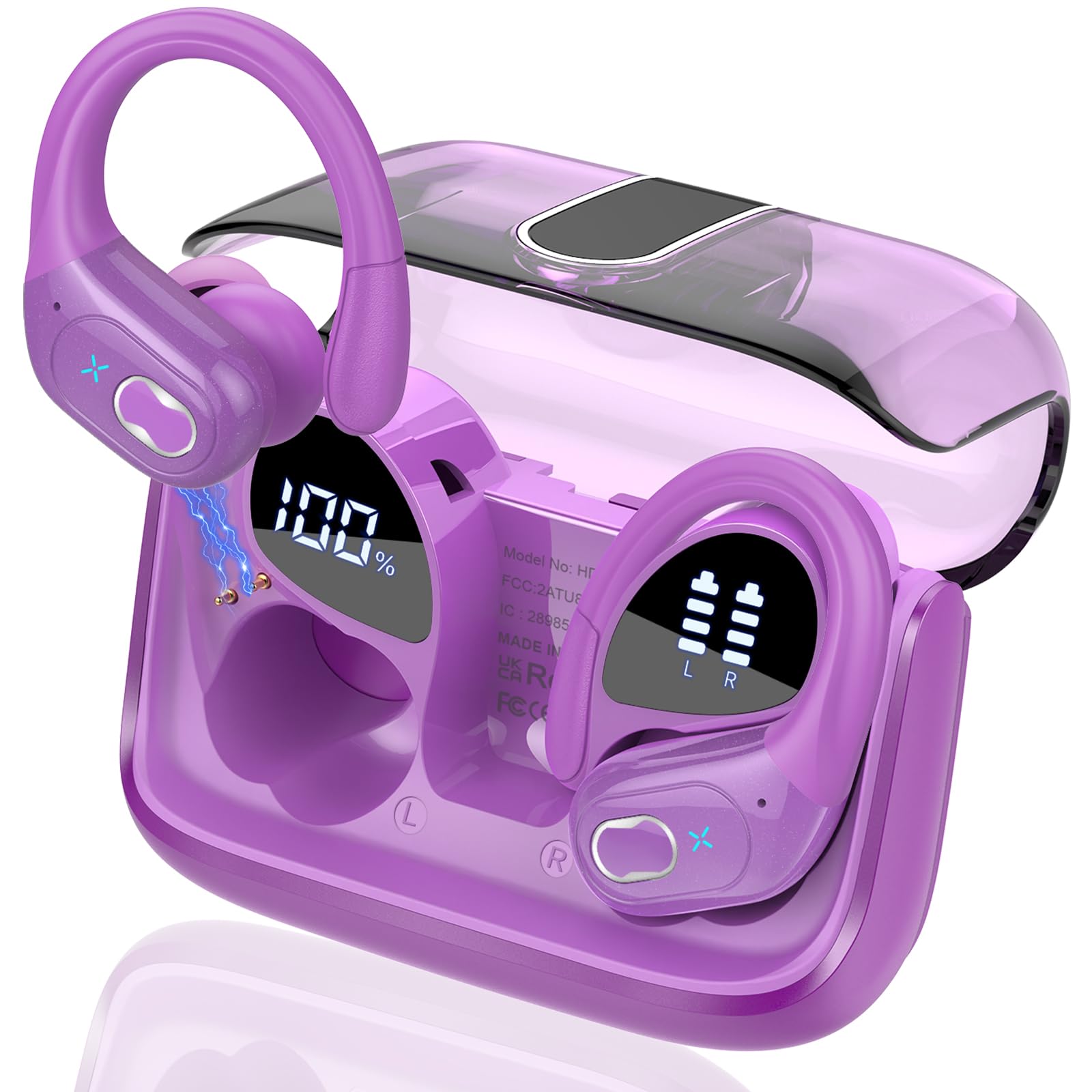 Aptkdoe Bluetooth Sports Headphones, Wireless Bluetooth 5.4 Headphones with ENC Microphone, 75 Hours HiFi Stereo Bluetooth Headphones In Ear, IPX7 Waterproof Earphones with Ear Hooks, Purple