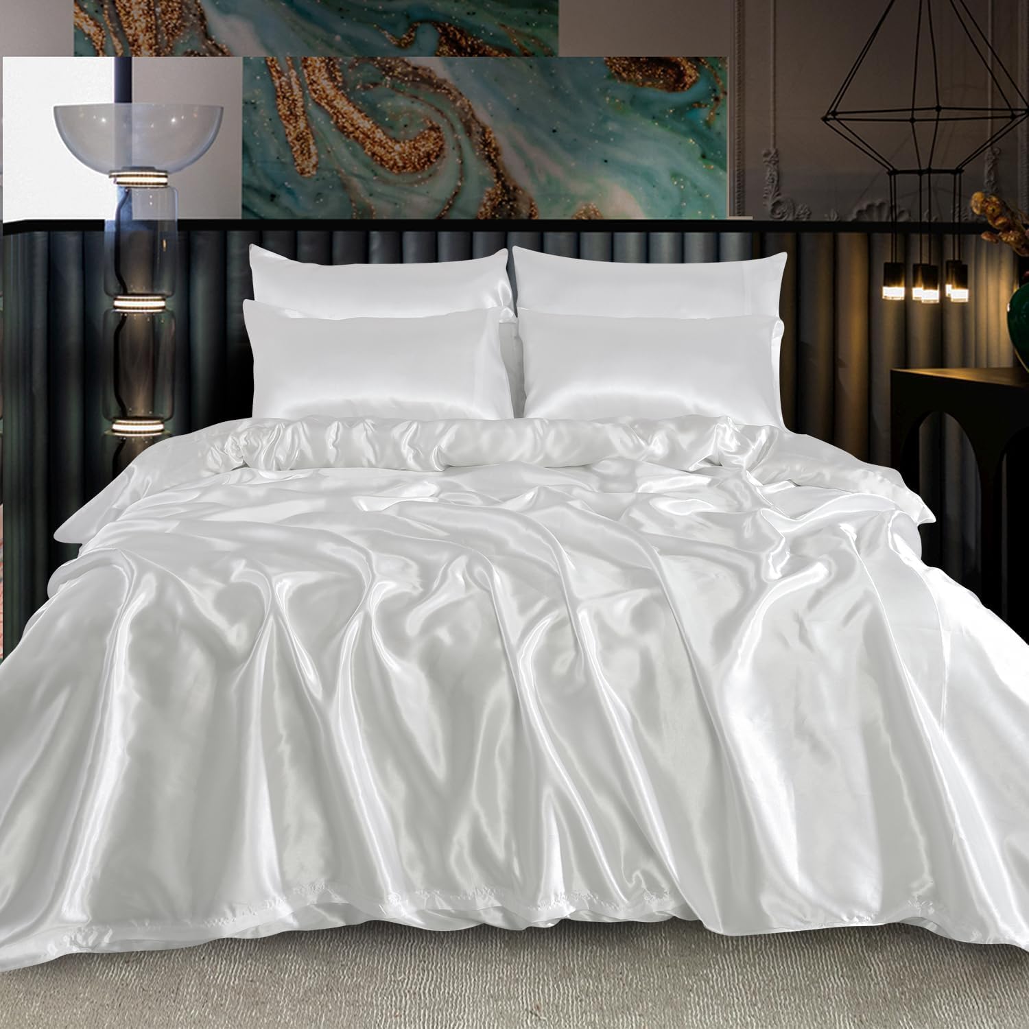 6-Piece Luxury Satin Duvet Cover Bedding Set Plain - Ultra Luxury Soft, Silky Bed Set Include (1xDuvet Cover, 1xFitted Sheet, 4xHousewife Pillow Case) (King, White)-(Same Day Dispatch)