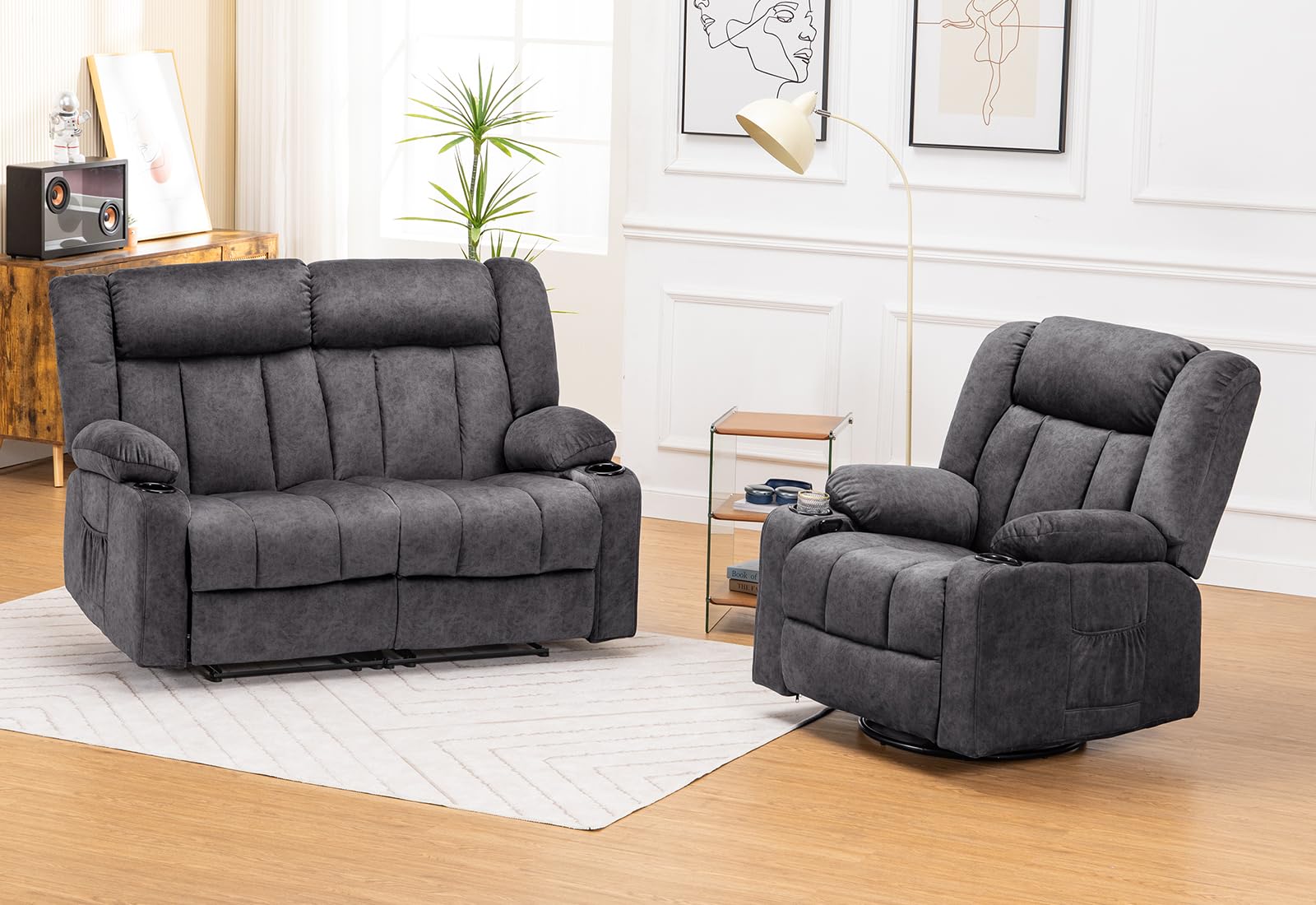 COMHOMA Manual Recliner Chair Set,Fabric Reclining Sofa Chair with Cup Holders, Upholstered Recliner with Side Pockets Suitable for Living Room Furniture (2+1)