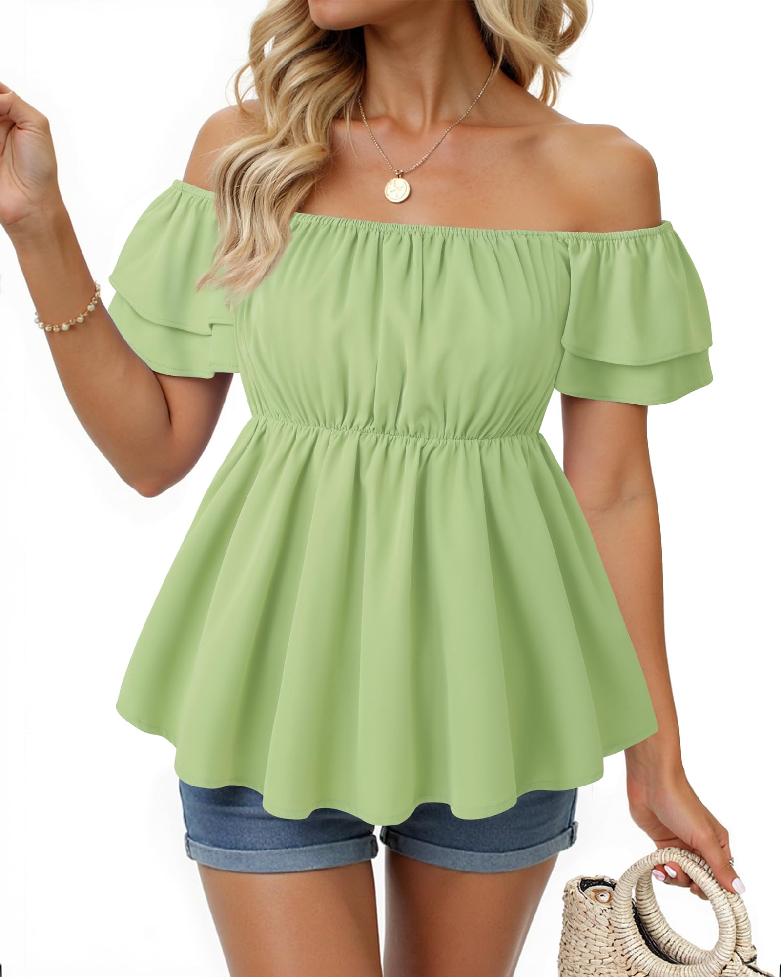 Women's Off Shoulder Boho Floral Blouse Short Sleeve Flowy Dressy Casual Top