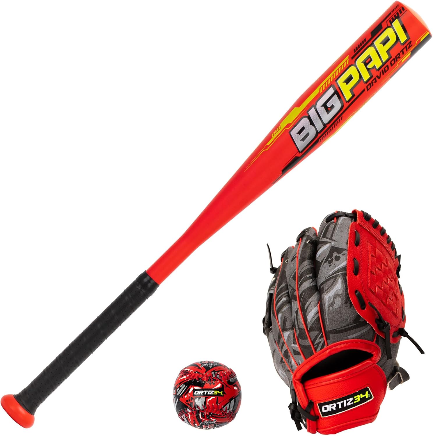 Youth T-Ball Set, 25” Signature Aluminum T-Ball Bat with -10 Drop, Foam Core T-Ball, 9” Lightweight Youth Glove, Vibrant Graffiti Print Red