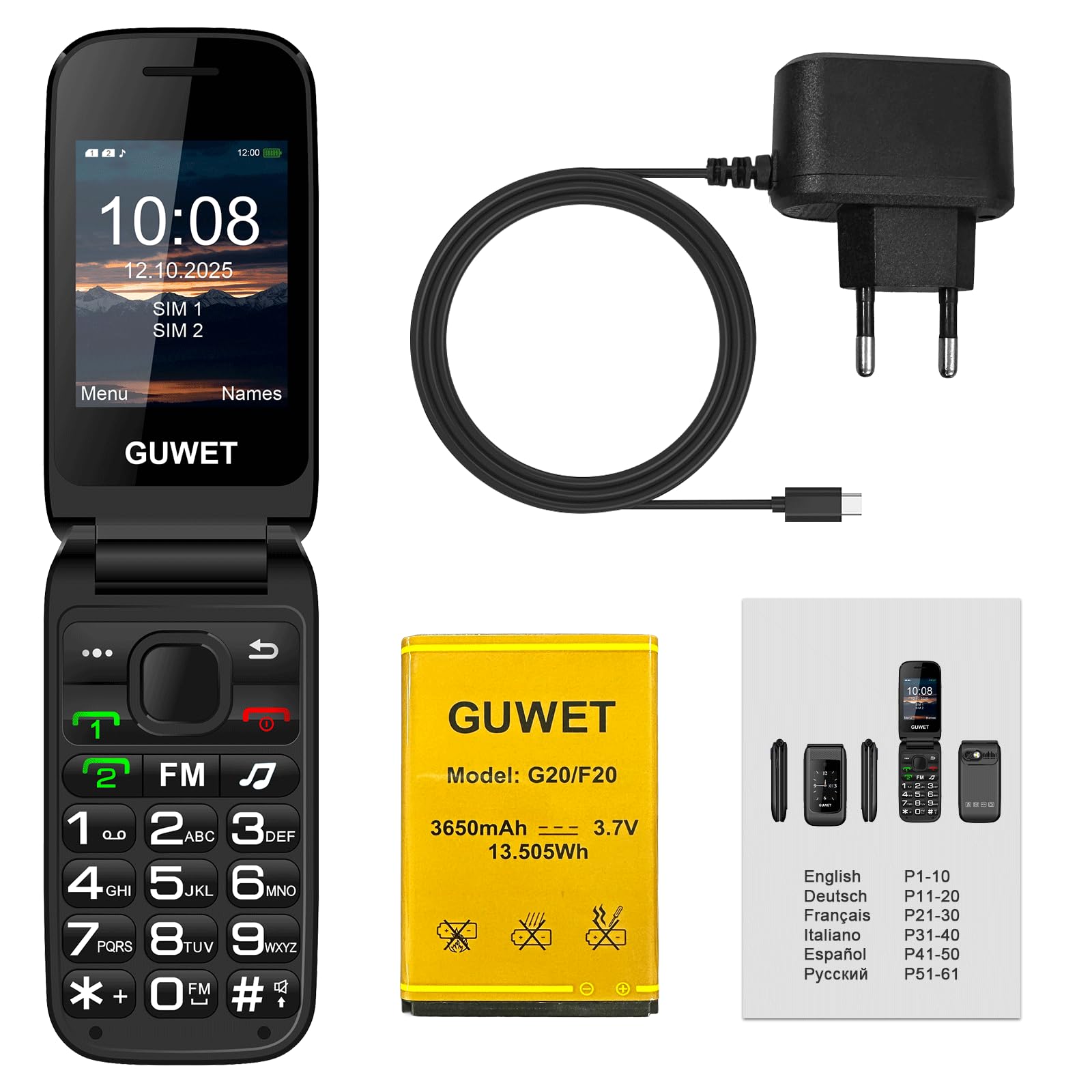 Seniorenhandy Klapphandy ohne Vertrag,Rentner Handy Großen Tasten mit SOS-Notruftaste,Dual SIM 2G GSM mit 2000mAh Akku,USB-C,2.4"+1.77" Dual Display,Schwarz
