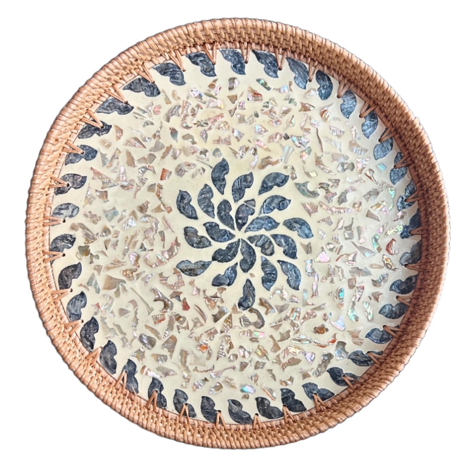 Bandeja de ratán para servir con nácar, bandeja redonda para mesa de café, bandeja redonda de mimbre, bandeja decorativa bohemia, bandeja tejida (flor de la suerte, 11.8 pulgadas)