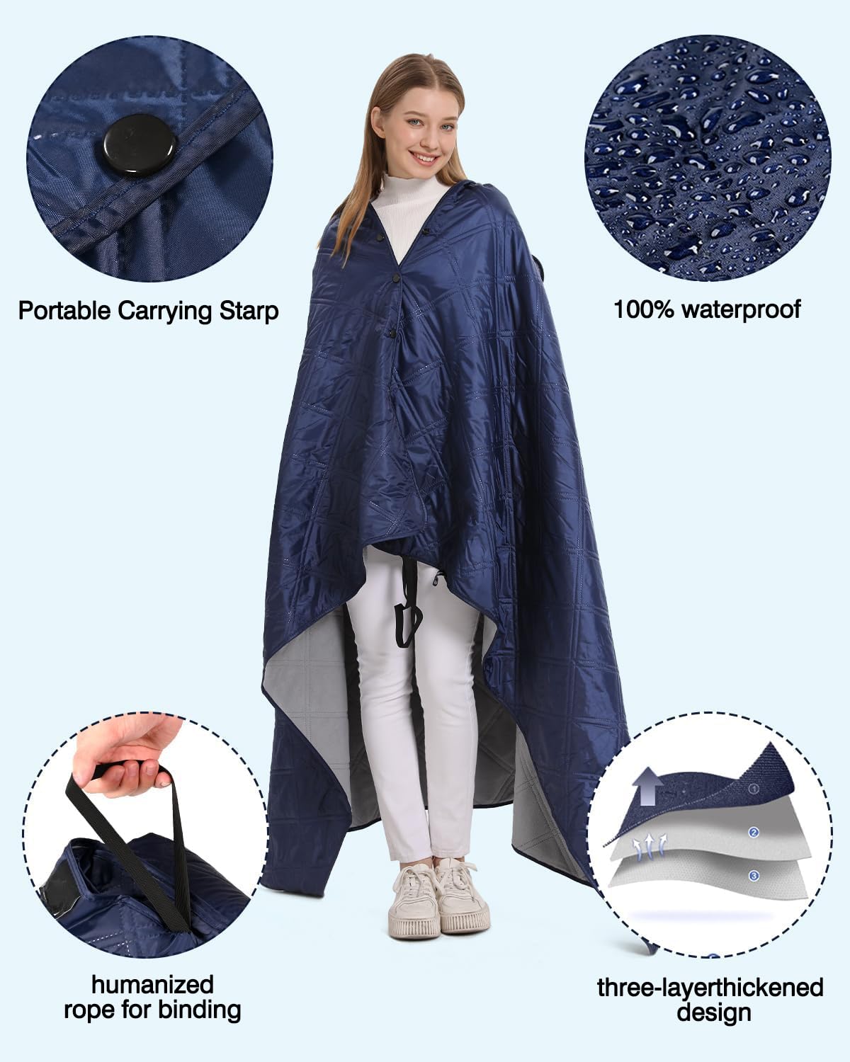 wasserdichte Picknickdecke Fleecedecke mit Hut, Groß Tragbare Decke für Camping, Stadion, Strand, Auto, Sofa, Yoga, kaltes Wetter, Reisedecke Ultraleicht Warm Winddicht Sandfest, 145 x 190 cm, Blaue