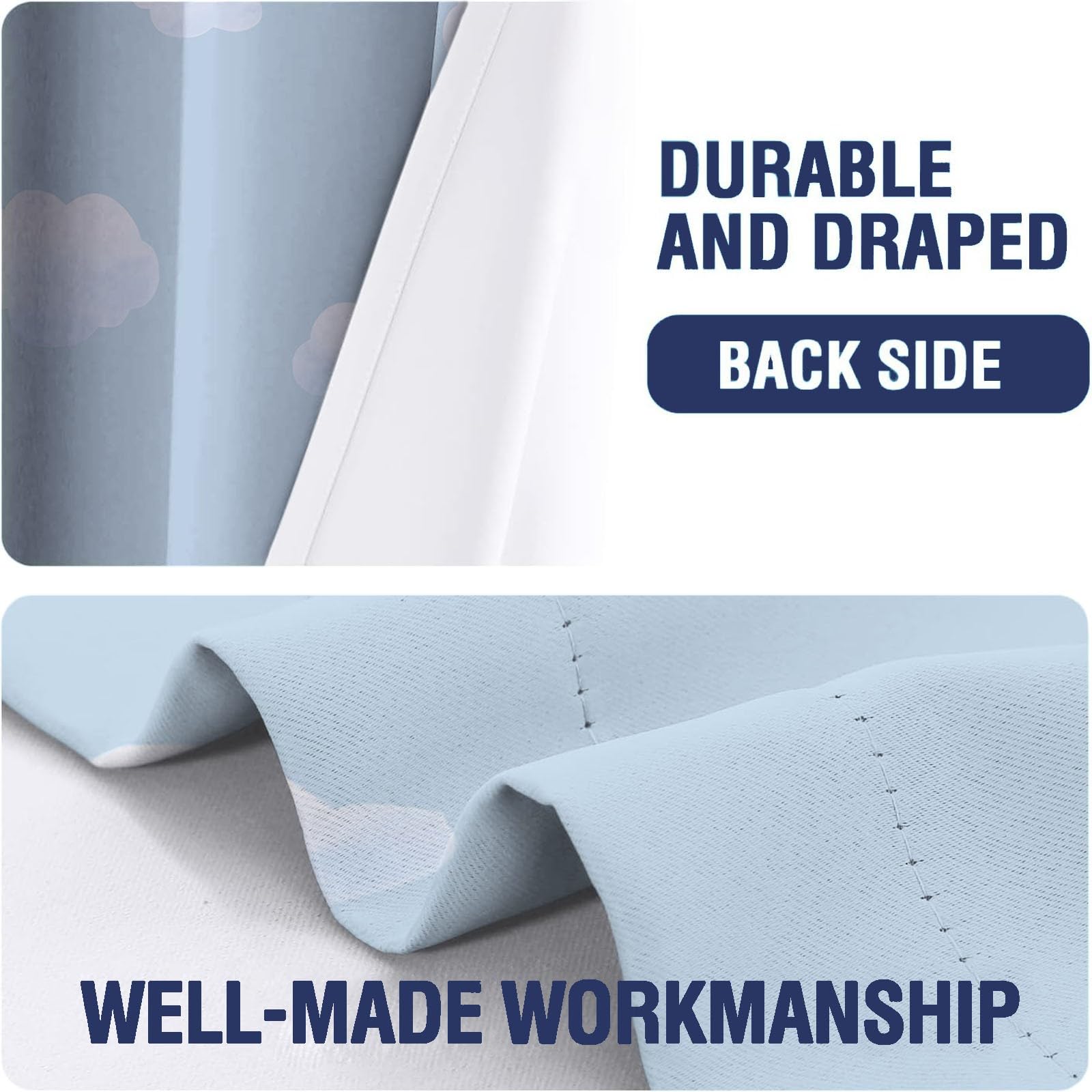 Verdunkelungsvorhang Kinderzimmer 2er Set - Vorhänge Hellblau mit Wolken, Cartoon Gardinen Blickdicht Thermovorhang Ösenschal für Babyzimmer, Schlafzimmer & Jungen/Mädchen, H 166 x B 75 cm
