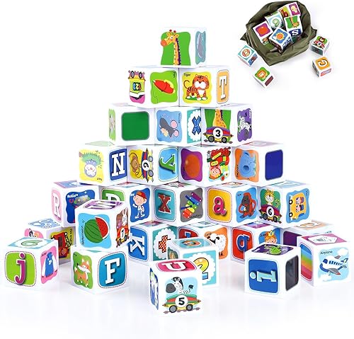 PLAY ABC - Bloques de construcción para niños pequeños de 1 a 3 años, 28 piezas de plástico para bebés, letras del alfabeto y números, juego de